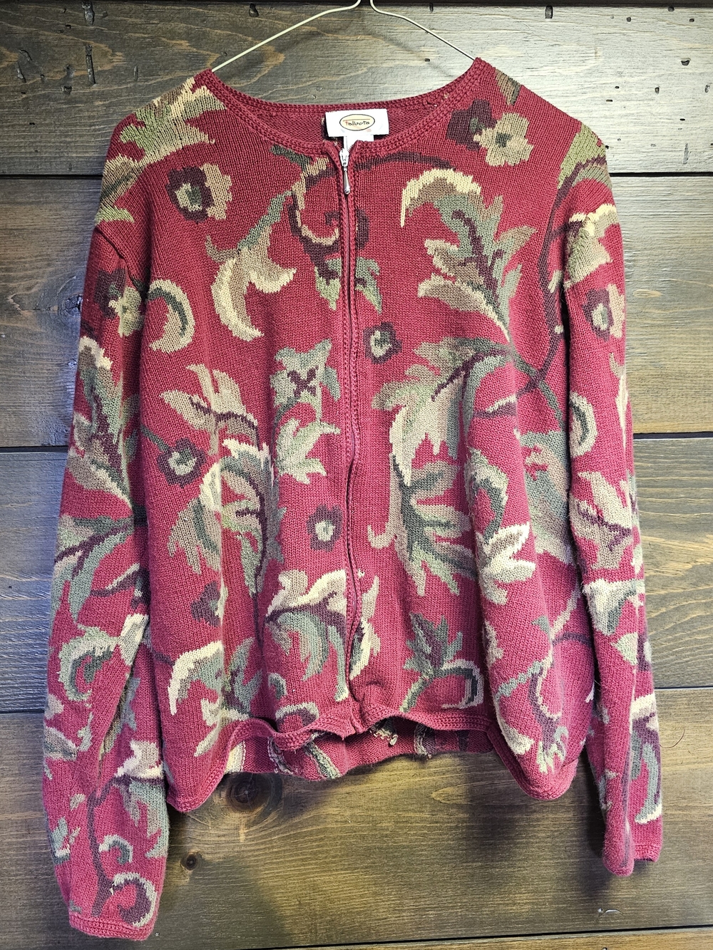 Talbots Red Full Zip Leaf Sweater Cardigan Womens Size Large